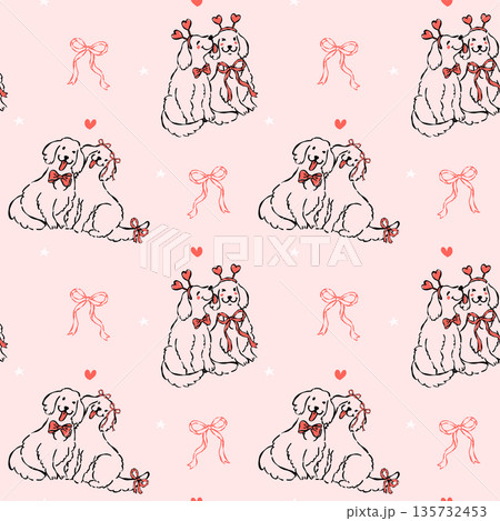 Whimsical Coquette Valentine Seamless Pattern Golden Retriever Dog Couple Outline Line Art Hand Drawn 135732453