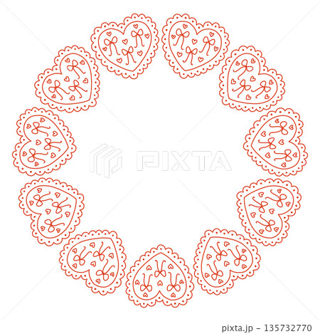 Whimsical vector illustration of a circular frame made of decorative folk style hearts. Cute hand drawn doodle design in red and white, perfect for Valentines Day cards, invitations, posters. 135732770