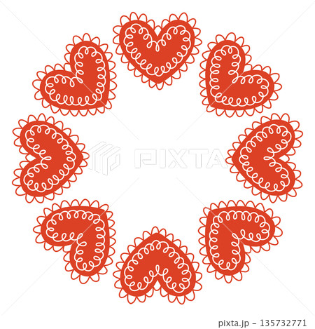 Whimsical vector illustration of a circular frame made of decorative folk style hearts. Cute hand drawn doodle design in red and white, perfect for Valentines Day cards, invitations, posters. 135732771
