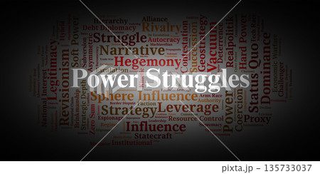 Power Struggles Word Cloud. Essential Terms on Authority Contestation and Global Influence Power Struggles Word Cloud. Essential Terms on Authority Contestation and Global Influence 135733037
