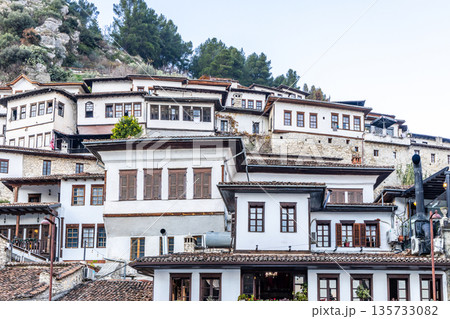 Albanian town historic center with traditional Ottoman houses on a hillside with white stone architecture, Berat, Albania 135733082