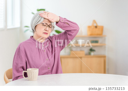 リビングで発熱によりおでこを抑えるグレイヘアのシニア女性 135733213