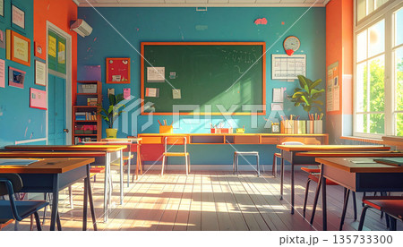 朝の光が差し込むカラフルな教室 135733300