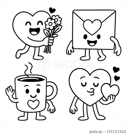 Happy heart character holding flowers, smiling envelope with heart, cheerful coffee cup, and loving heart figure with affectionate expressions, perfect for romantic or Valentine themes Happy heart character holding flowers, smiling envelope with heart, cheerful coffee cup, and loving heart figure with affectionate expressions, perfect for romantic or Valentine themes 135733328