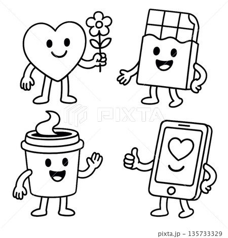 Heart chocolate coffee cup and smartphone cartoon characters with happy faces holding flower waving and giving thumbs up expressing love and joy in playful cute style Heart chocolate coffee cup and smartphone cartoon characters with happy faces holding flower waving and giving thumbs up expressing love and joy in playful cute style 135733329