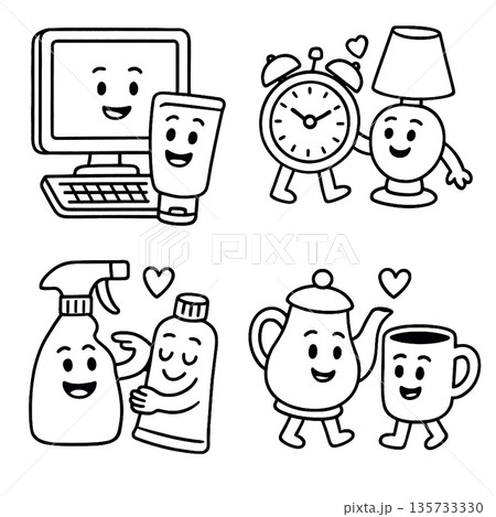 Computer keyboard monitor tube alarm clock lamp spray bottle tube teapot cup heart happy love cartoon illustration friendship cute smiling object pair together fun playful doodle drawing black 135733330