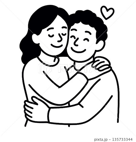 Happy couple hugging, smiling, and showing affection, with heart symbol above them, expressing love and warmth in simple black and white illustration style Happy couple hugging, smiling, and showing affection, with heart symbol above them, expressing love and warmth in simple black and white illustration style 135733344