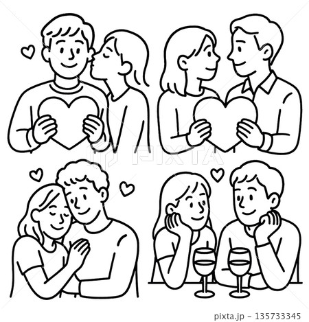 Couple love heart romance relationship happiness affection together date smile are shown this illustration of four romantic couples sharing sweet moments holding hearts and enjoying drinks Couple love heart romance relationship happiness affection together date smile are shown this illustration of four romantic couples sharing sweet moments holding hearts and enjoying drinks 135733345