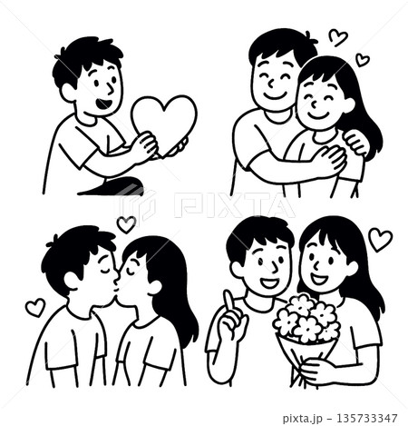 Couple love romance happiness relationship affection together kiss hug gift and flowers are shown in this illustration expressing joyful and loving emotions in romantic relationship Couple love romance happiness relationship affection together kiss hug gift and flowers are shown in this illustration expressing joyful and loving emotions in romantic relationship 135733347