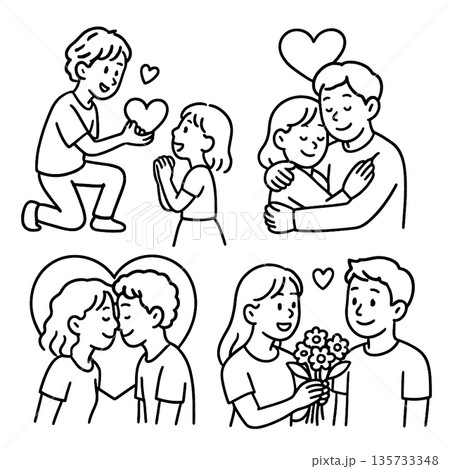 Romantic couple love happiness affection and togetherness are shown in these hand drawn illustrations including hugging kissing giving flowers and proposing with heart symbol Romantic couple love happiness affection and togetherness are shown in these hand drawn illustrations including hugging kissing giving flowers and proposing with heart symbol 135733348