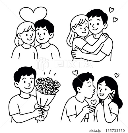 Happy couple, romantic embrace, man giving flowers, and sweet kiss, all illustrated in cute black and white cartoon style, expressing love and affection with heart symbols 135733350