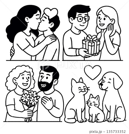 Romantic couple kissing, man giving gift to woman, woman receiving flowers from man, two cats and two dogs with heart symbol, expressing love and affection Romantic couple kissing, man giving gift to woman, woman receiving flowers from man, two cats and two dogs with heart symbol, expressing love and affection 135733352