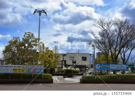 滋賀県高島市　湖西線近江今津駅東口前の緑地と青空 135733404