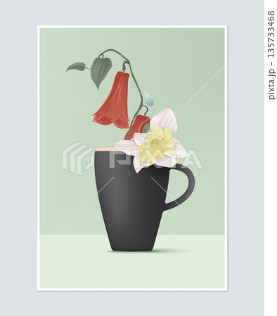 Poster design, flower arrangement in dark grey ceramic coffee cup 135733468