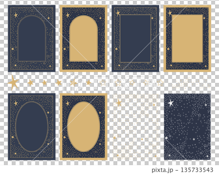 Antique vertical frame background set of the Milky Way and starry sky. A4 size, transparent, subculture, fantastic vector element. 135733543