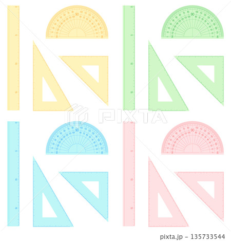 定規・三角定規・分度器 クリア素材の文房具 4カラーのデザインセット 定規・三角定規・分度器 クリア素材の文房具 4カラーのデザインセット 135733544