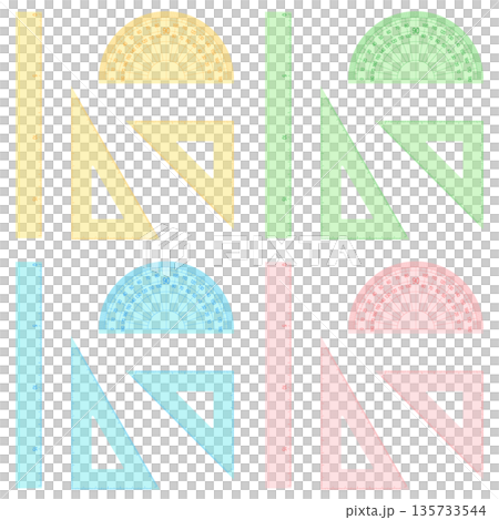 Set of 4 clear stationery colors: ruler, set square, and protractor 135733544
