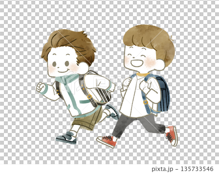 Two elementary school students running - watercolor Two elementary school students running - watercolor 135733546