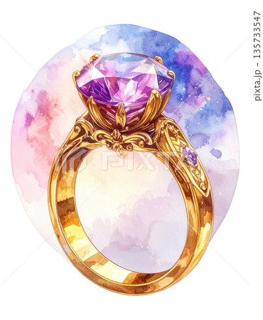 ルノルマンカード「指輪」アメジストが輝くクラシカルな指輪の水彩画イラスト3／チラシやポスター用素材 135733547
