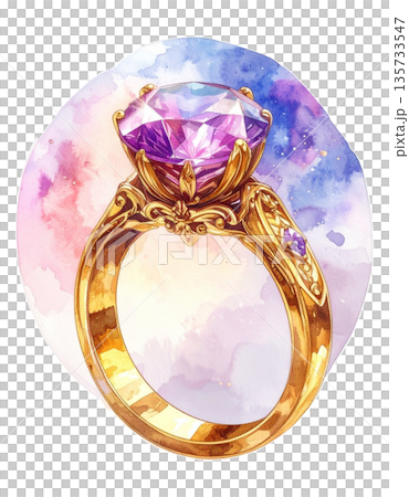 ルノルマンカード「指輪」アメジストが輝くクラシカルな指輪の水彩画イラスト3／チラシやポスター用素材 135733547