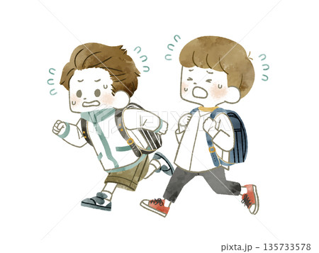 急いで走っている2人の小学生-水彩 急いで走っている2人の小学生-水彩 135733578