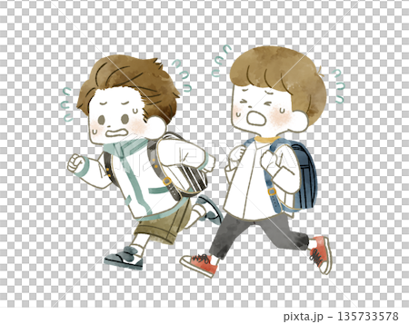 急いで走っている2人の小学生-水彩 急いで走っている2人の小学生-水彩 135733578