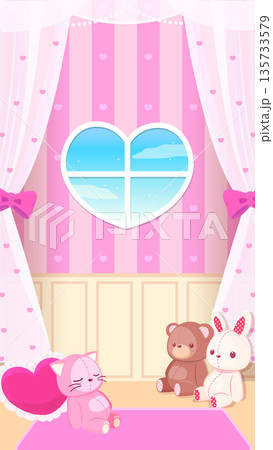 バレンタインデーに使える縦型のハートの窓の可愛い部屋の背景素材 昼 135733579