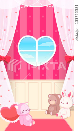 バレンタインデーに使える縦型のハートの窓の可愛い部屋の背景素材 昼 135733581