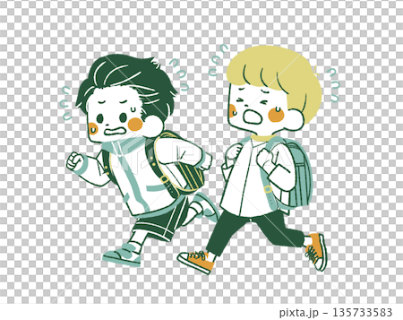 急いで走っている2人の小学生-4色 135733583