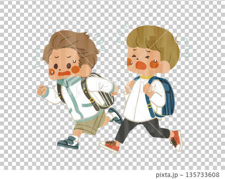Two elementary school students running in a hurry - Gash 135733608
