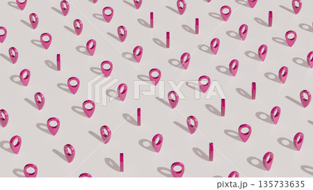 3D illustration of pink location pins and vertical bars arranged in geometric grid pattern 3D illustration of pink location pins and vertical bars arranged in geometric grid pattern 135733635