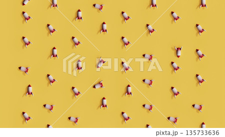 3D rendering of stylized rockets scattered across bright yellow background, 135733636