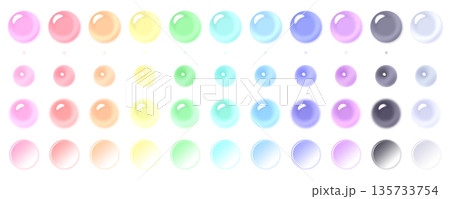ぷっくりした円形ボタンイラストセット 3D 立体 パステルカラー 質感バリエーション 135733754