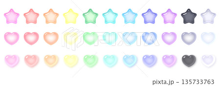 ぷっくりした星とハートのボタンイラストセット 3D 立体 パステルカラー 多色展開 135733763
