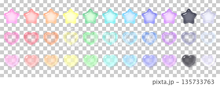 ぷっくりした星とハートのボタンイラストセット 3D 立体 パステルカラー 多色展開 135733763