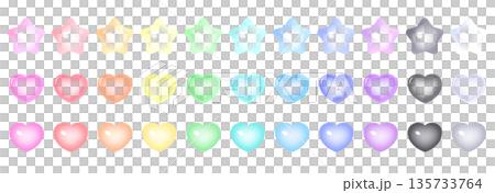 豐滿的星星和心形紐扣插畫集，光澤感強，3D紋理，柔和的粉紅彩色調，提供多種顏色選擇 135733764