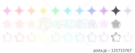 キラキラと星と花のアイコンセット 透明感 ガラス・ネオン質感 パステルカラー 発光 3D 135733767