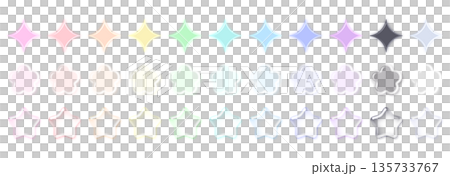 キラキラと星と花のアイコンセット 透明感 ガラス・ネオン質感 パステルカラー 発光 3D 135733767