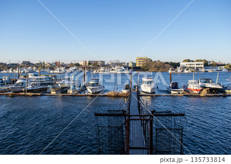 河川に係留された船舶と岸辺の街並み 135733814