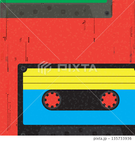Colorful plastic audio cassette tapes flat design with riso print effect vector illustration on orange background have blank space. Colorful plastic audio cassette tapes flat design with riso print effect vector illustration on orange background have blank space. 135733936