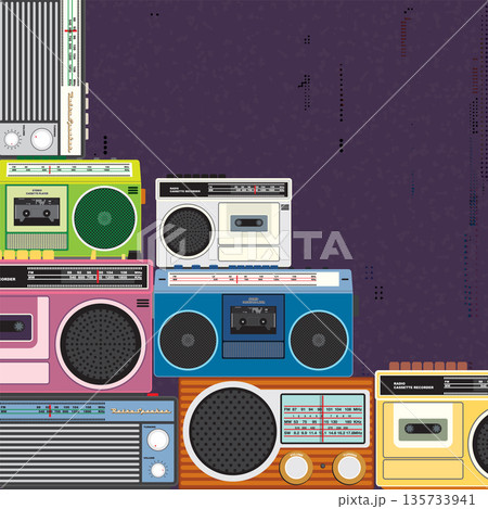 Colorful retro cassette player and radio flat design vector illustration on purple background with risograph printing effect and have blank space. Colorful retro cassette player and radio flat design vector illustration on purple background with risograph printing effect and have blank space. 135733941
