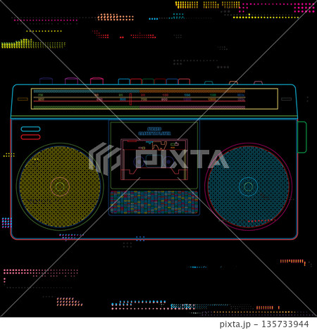 Colorful retro cassette player and radio flat design outline vector illustration on black background with risograph printing effect. Colorful retro cassette player and radio flat design outline vector illustration on black background with risograph printing effect. 135733944