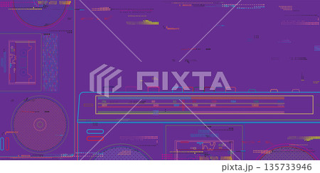 Retro cassette players flat design vivid colors outline vector illustration on purple background with risograph printing effect and have blank space. Retro cassette players flat design vivid colors outline vector illustration on purple background with risograph printing effect and have blank space. 135733946