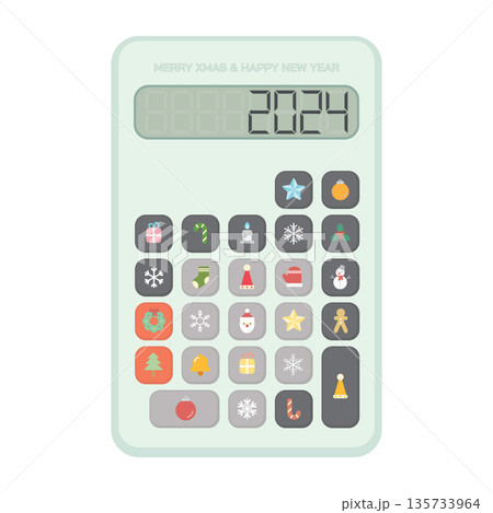 Merry Christmas and Happy New Year 2024 with cute calculator isolated have Christmas icon on buttons flat design vector illustration. Greeting card template. Merry Christmas and Happy New Year 2024 with cute calculator isolated have Christmas icon on buttons flat design vector illustration. Greeting card template. 135733964