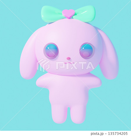 パステルピンクの可愛いウサギの3Dキャラクター ミントのリボン ぷっくりした質感 135734205