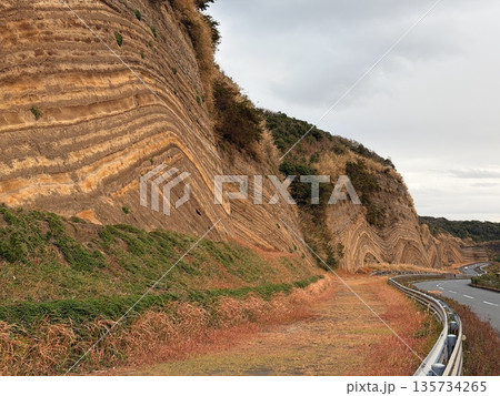 伊豆大島の道路沿いに露出した褶曲した地層の断面 伊豆大島の道路沿いに露出した褶曲した地層の断面 135734265