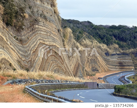 伊豆大島の道路沿いに露出した褶曲した地層の断面 伊豆大島の道路沿いに露出した褶曲した地層の断面 135734266