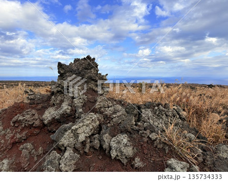 伊豆大島・三原山でトレッキング中に見られる噴気を伴う火口の風景 伊豆大島・三原山でトレッキング中に見られる噴気を伴う火口の風景 135734333