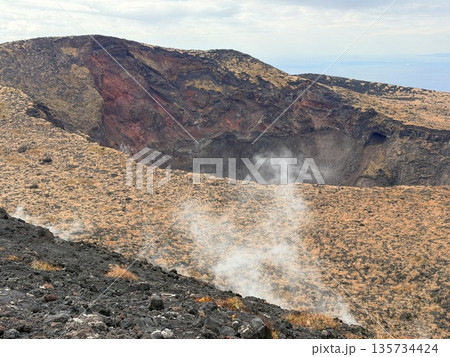 伊豆大島・三原山でトレッキング中に見られる噴気を伴う火口の風景 135734424