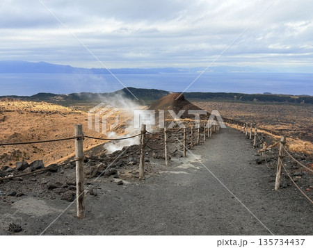 伊豆大島・三原山でトレッキング中に見られる噴気を伴う火口の風景 135734437